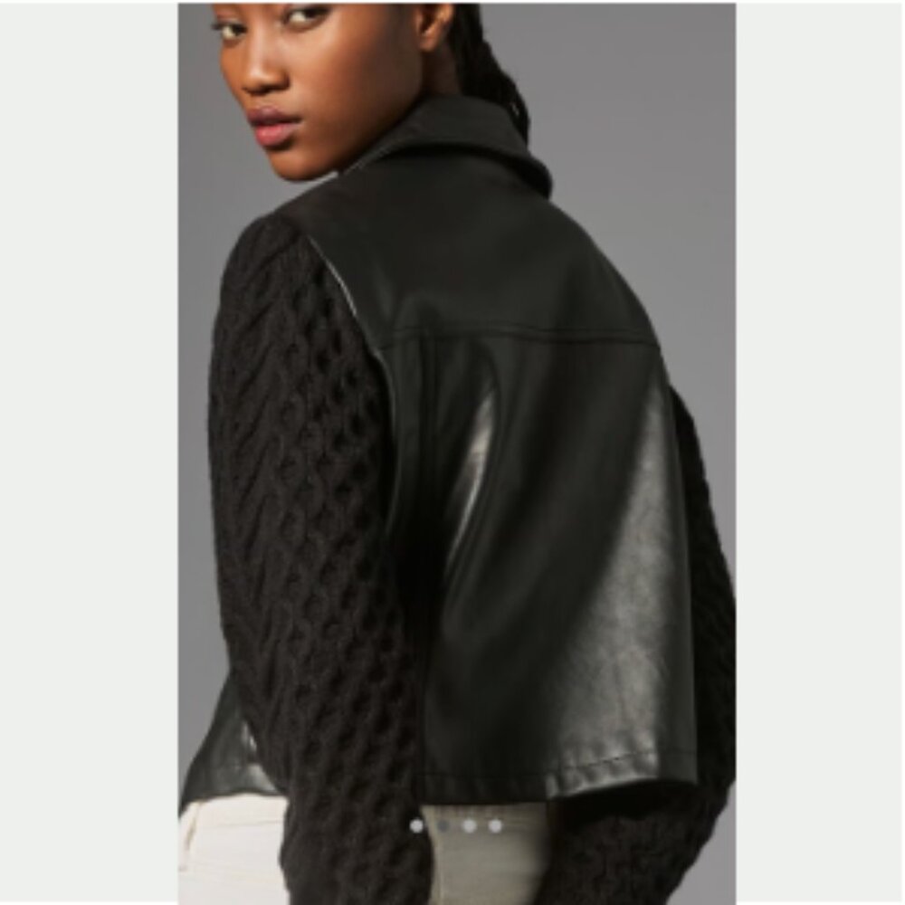 Anthropologie Black Mixed Media Bomber Jacket - L - Picture 3 of 7